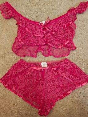 Escante Pink Flutter Sheer Mesh Lace Cami & Boy Short Set.